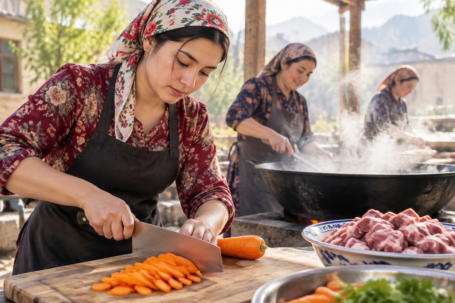 Uyghur woman preparing carrots for pilaf at a wedding in Ili, with a steaming wok in the background