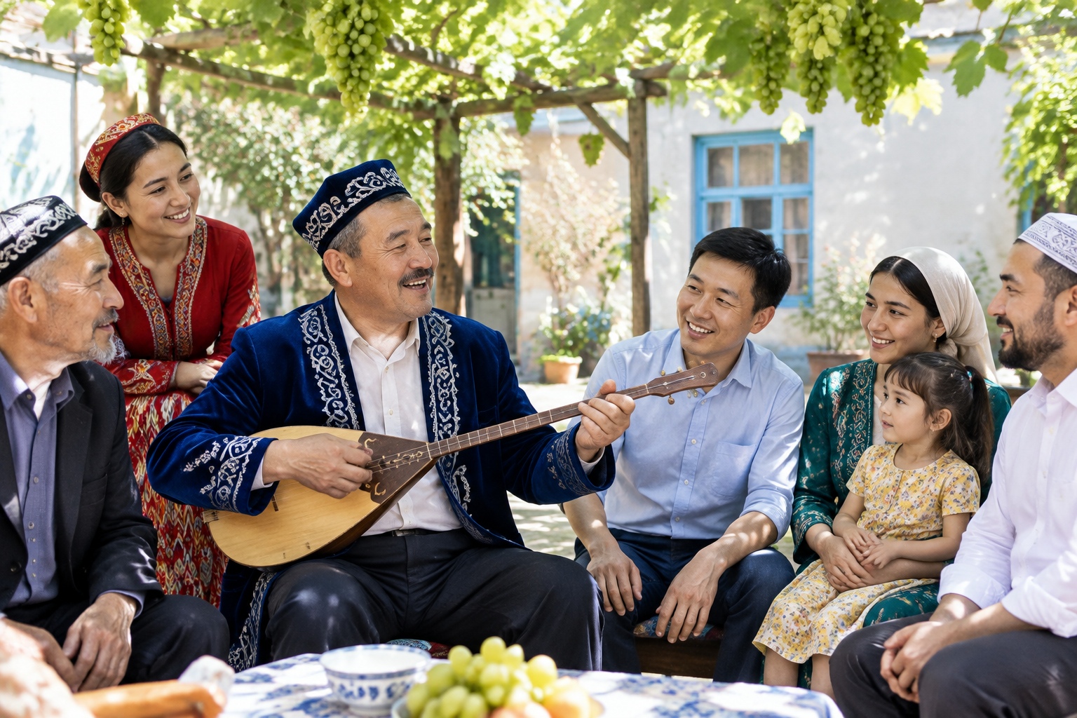 Kazakh aytes singer performing with a dombra at a Uyghur wedding in Ili, with an interethnic audience watching
