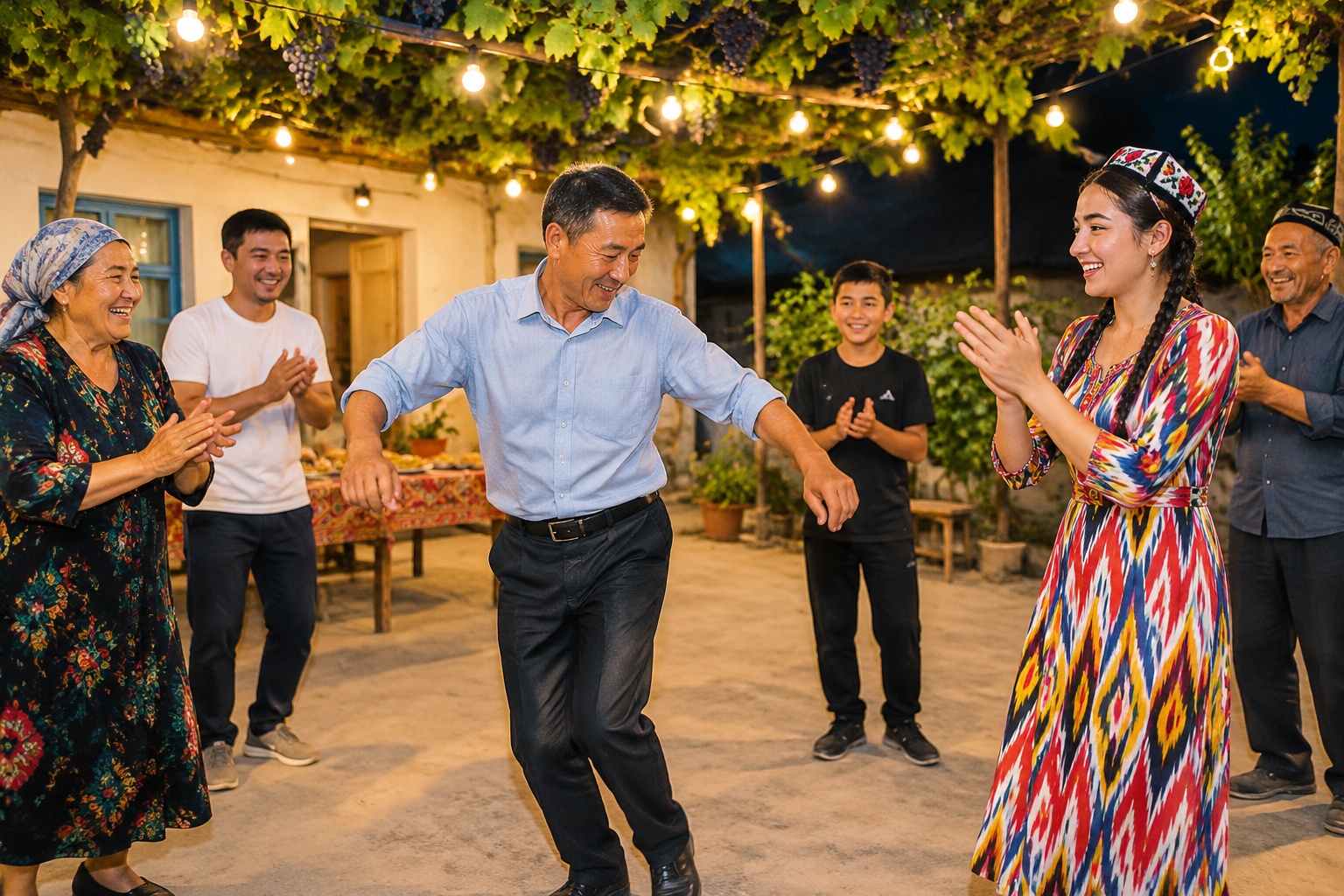 Uyghur, Han, and Kazakh guests dancing together at an evening wedding feast in Ili