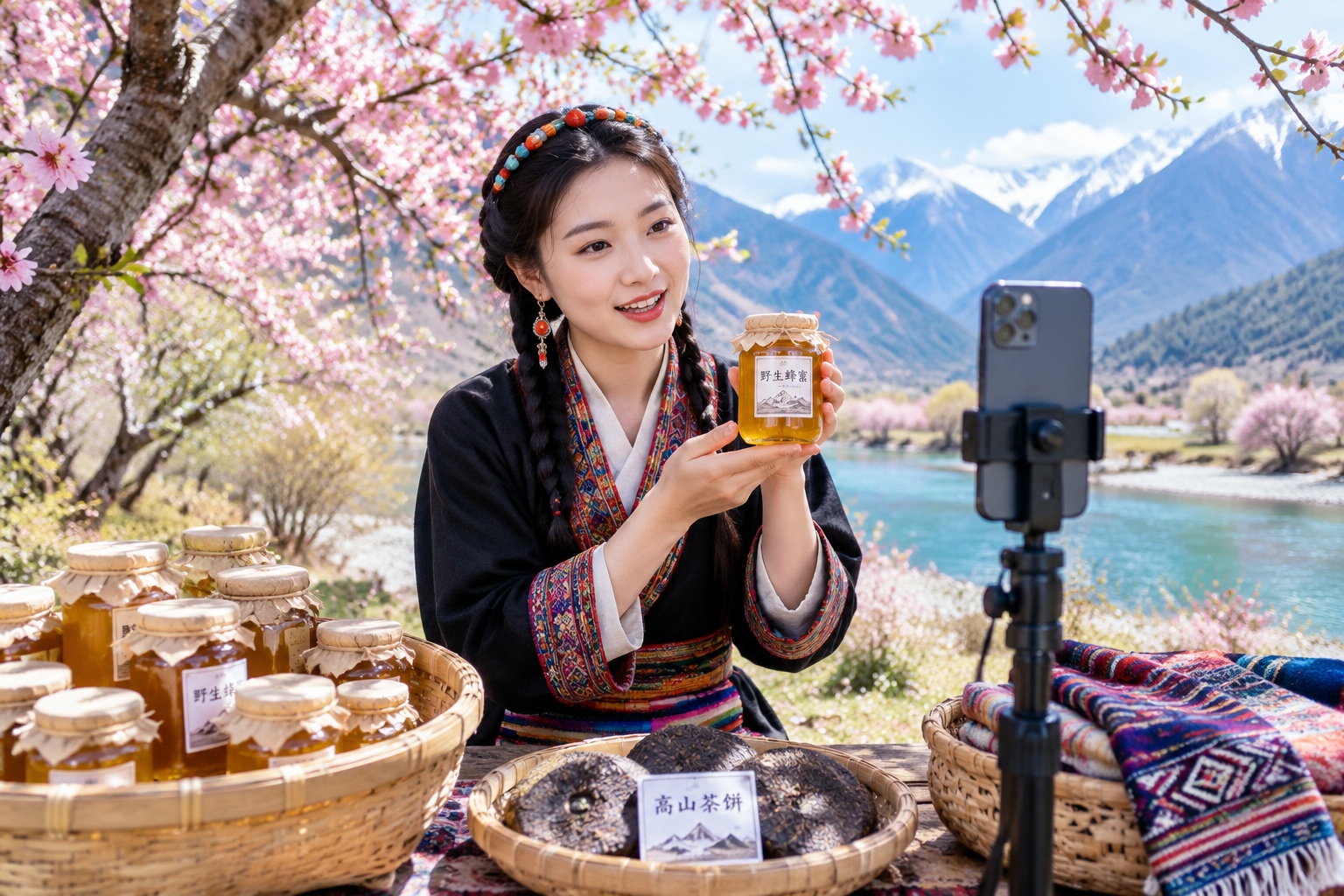 Monba woman live-streaming local honey from peach blossom festival in Nyingchi, Tibet