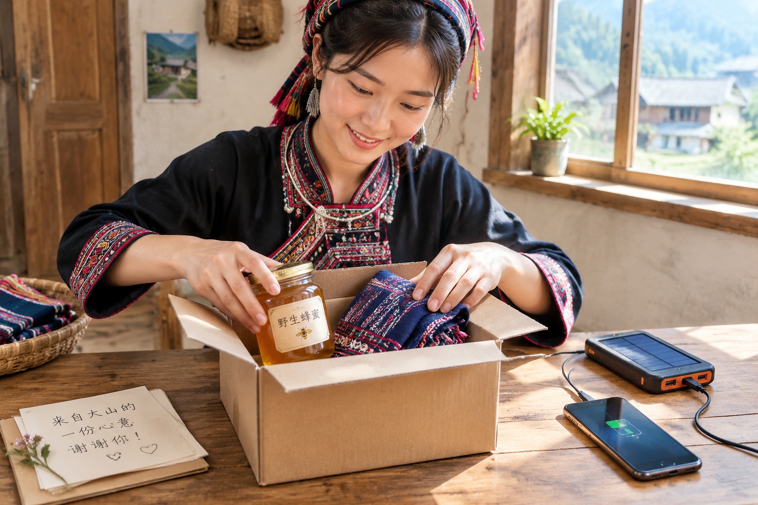 Monba woman packing honey and woven cloth for e-commerce orders in Nyingchi village