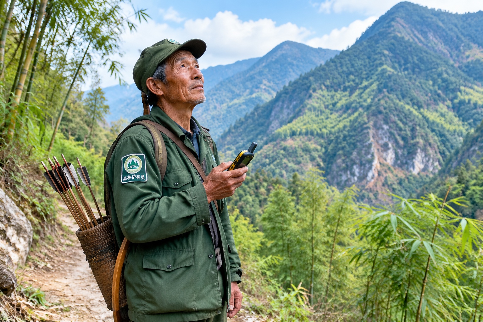 In Nujiang, Yunnan, a Lisu Former Hunter Exchanges His Bow for a Ranger's GPS 22 Lisu former hunter turned forest ranger in Yunnan holding GPS device on patrol in Nujiang forest