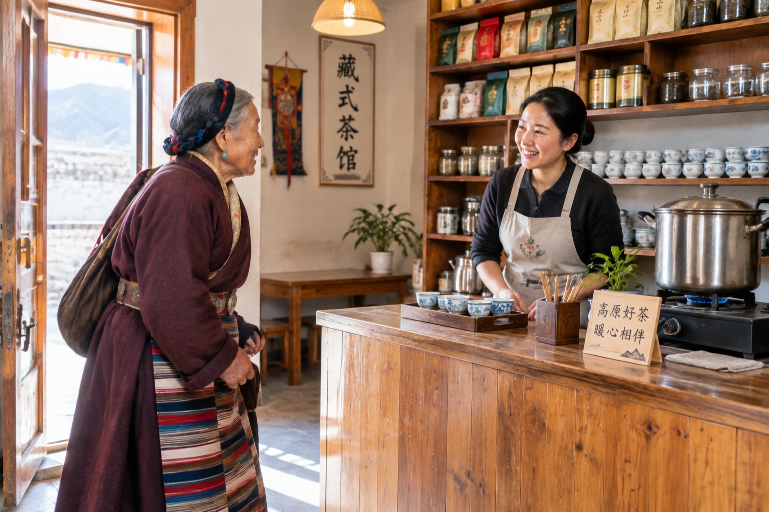 Tibetan grandmother entering Lhasa tea house greeted by Sichuan owner