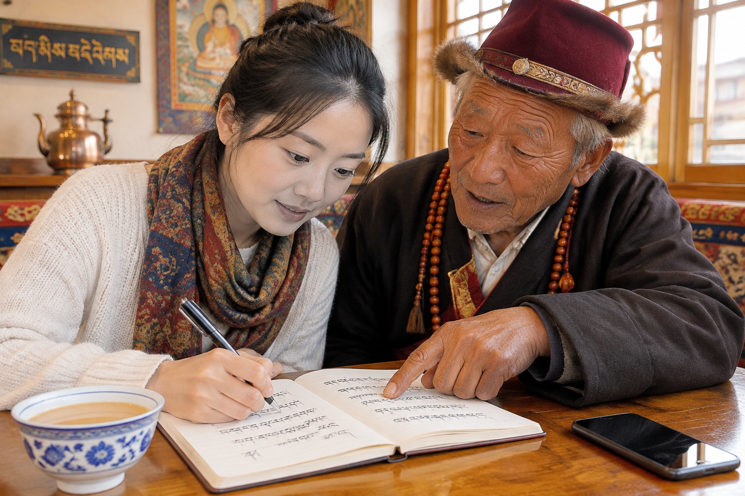 Sichuan woman learning Tibetan from a regular customer