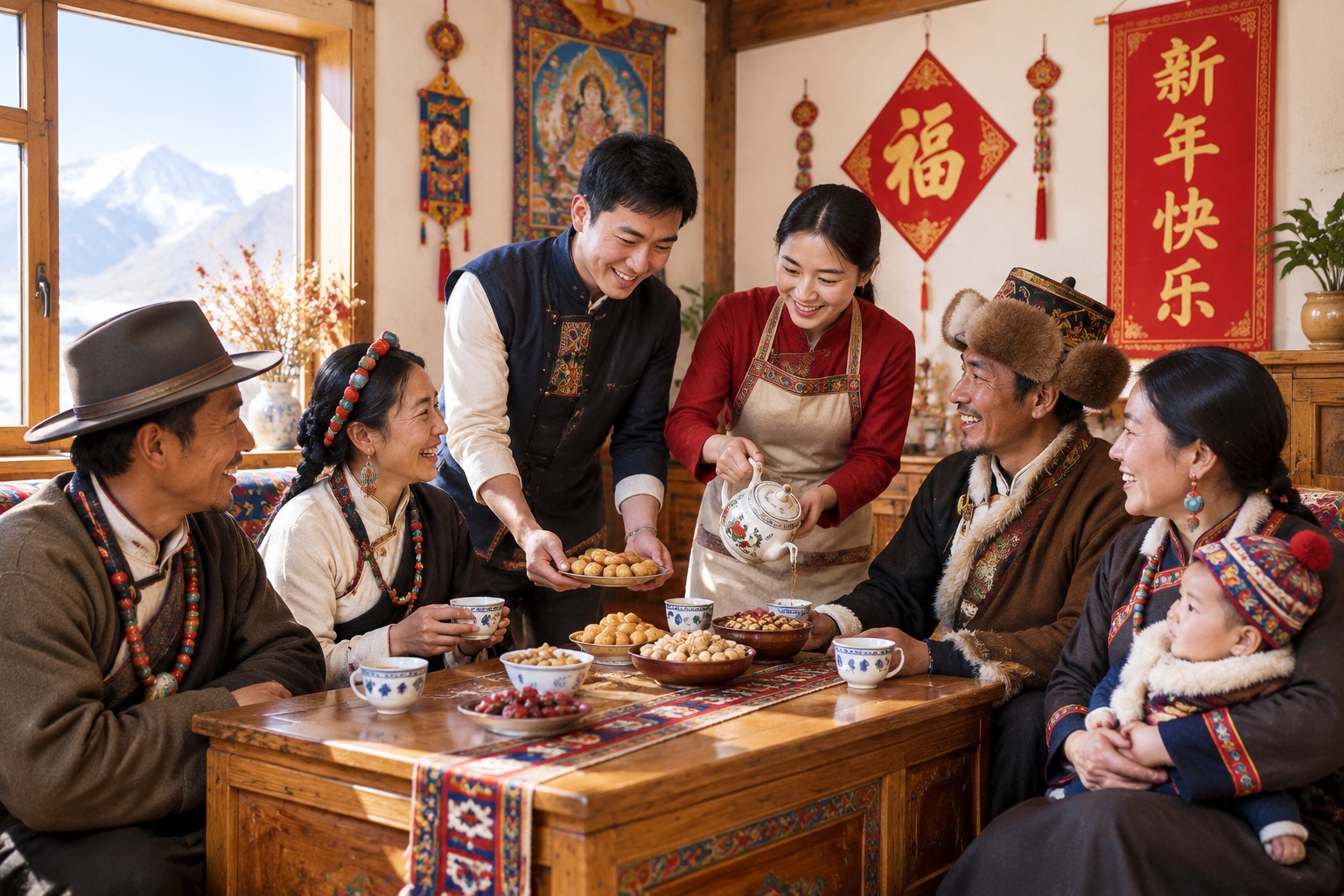 Tibetan friends and Sichuan couple celebrating together in tea house