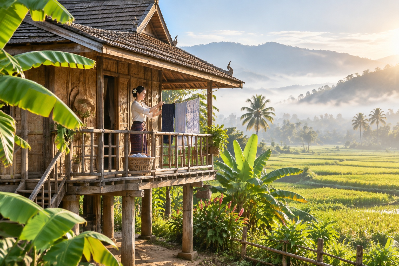Traditional Dai bamboo house in Xishuangbanna surrounded by tropical foliage and misty rice fields
