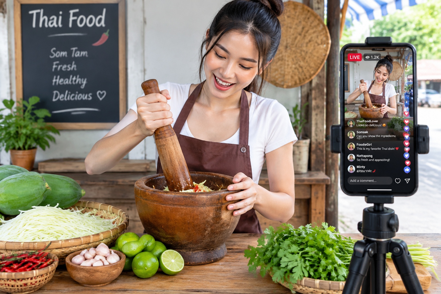Dai streamer preparing sour and spicy papaya salad on a night market stall while live-streaming on her phone