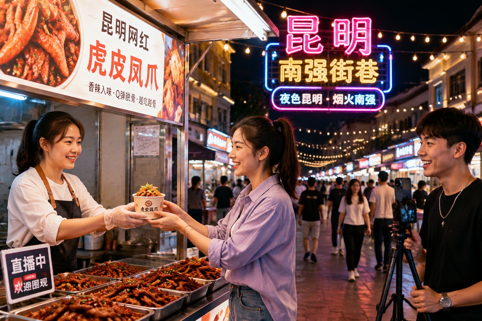 Kunming night market food stall with Dai customer ordering spicy chicken feet from the female streamer