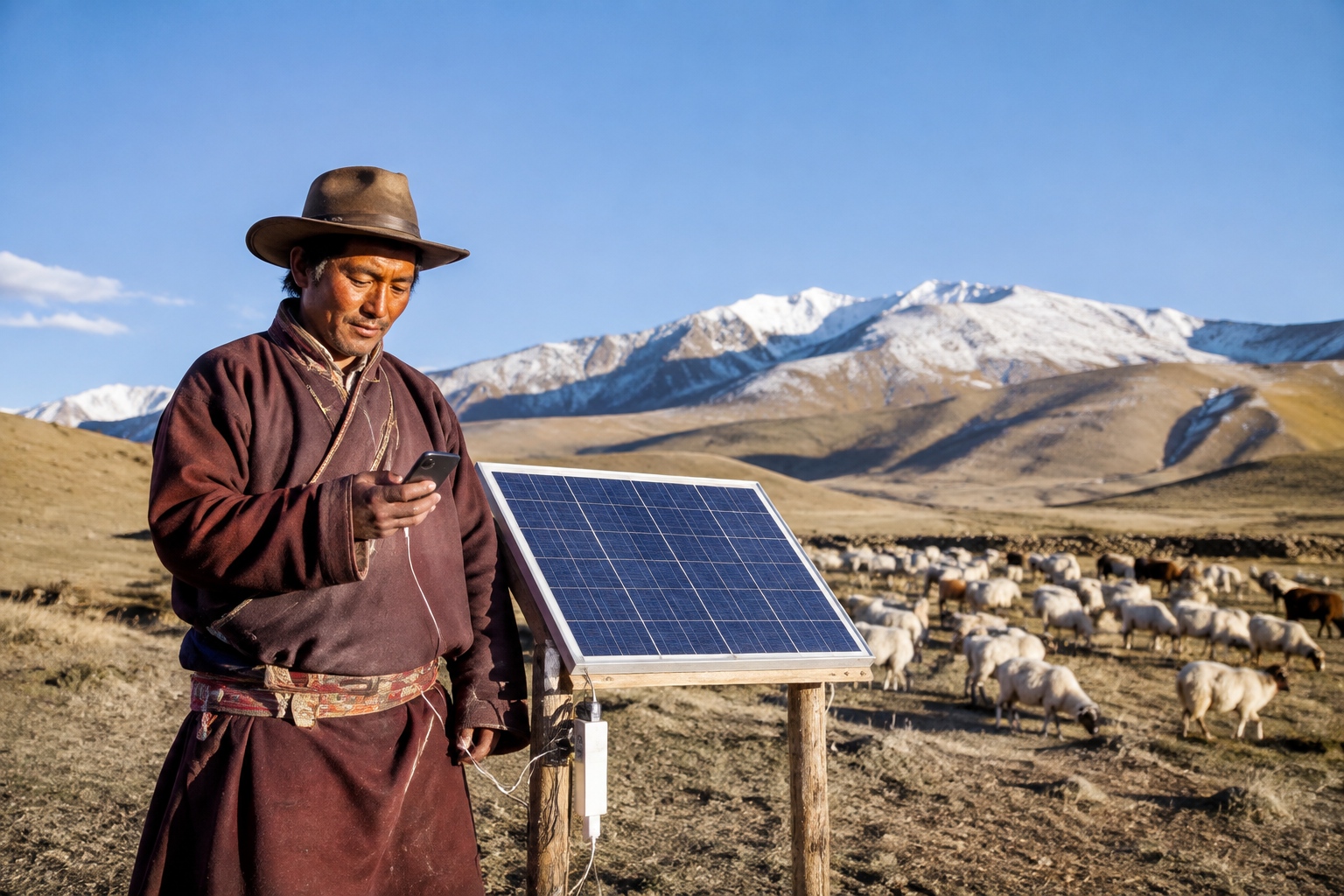 In Ali, Tibet, a Tibetan Man Uses Solar Panels to Charge His Phone and Also Keeps Fifty Sheep Thriving