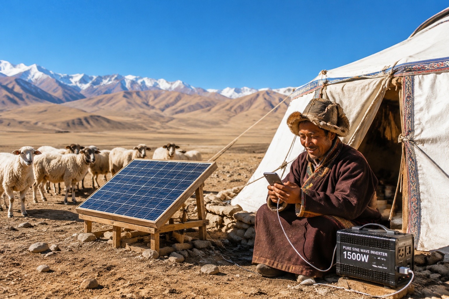 Tibetan herder's camp in Ali with solar panel and sheep