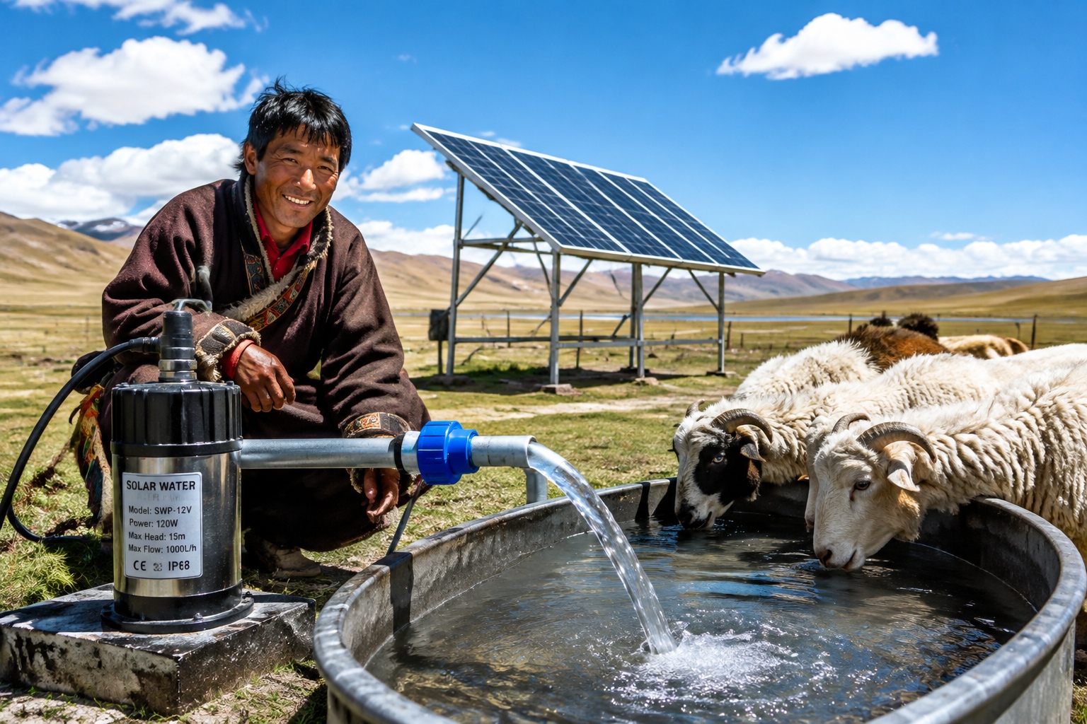 Solar-powered water pump supplying livestock in Tibet