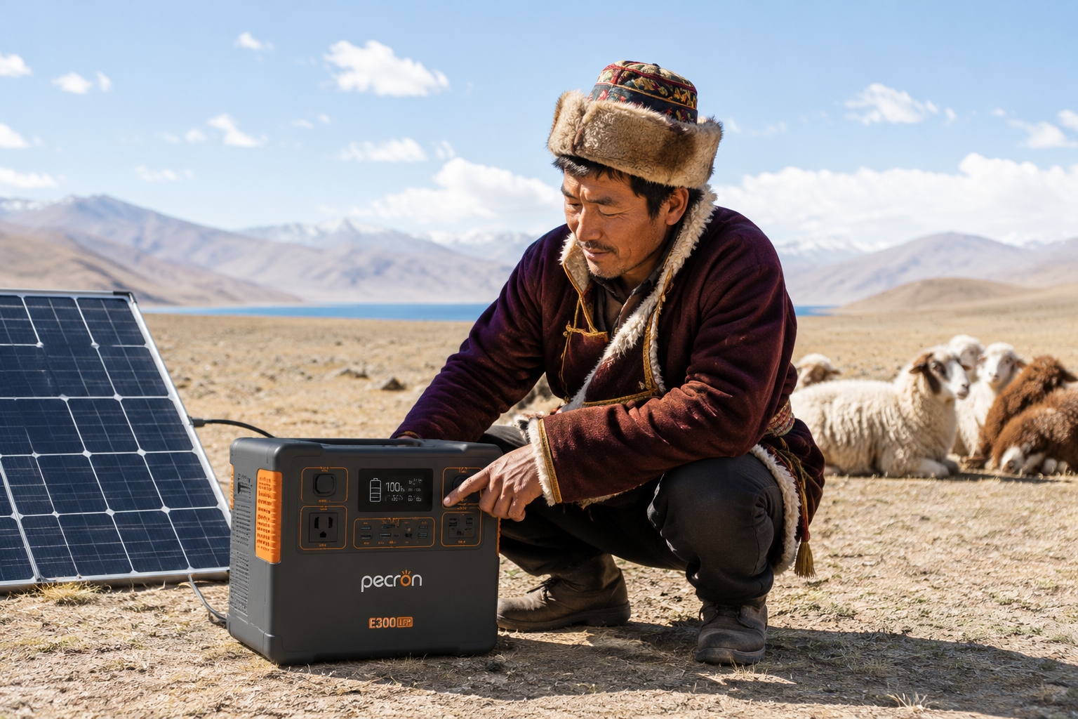 Tibetan herder monitoring solar battery storage