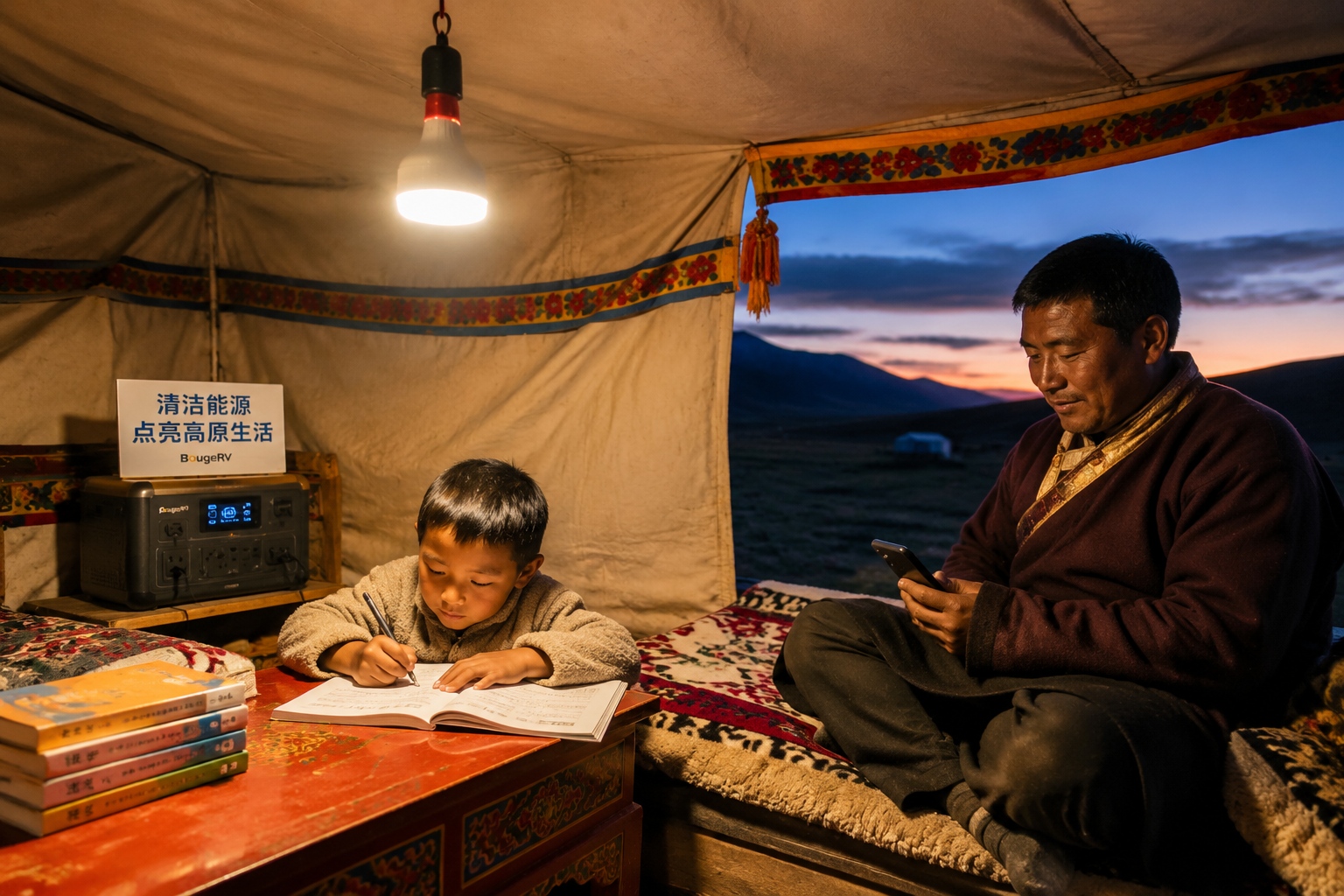 Tibetan family using clean solar electricity under LED light at night