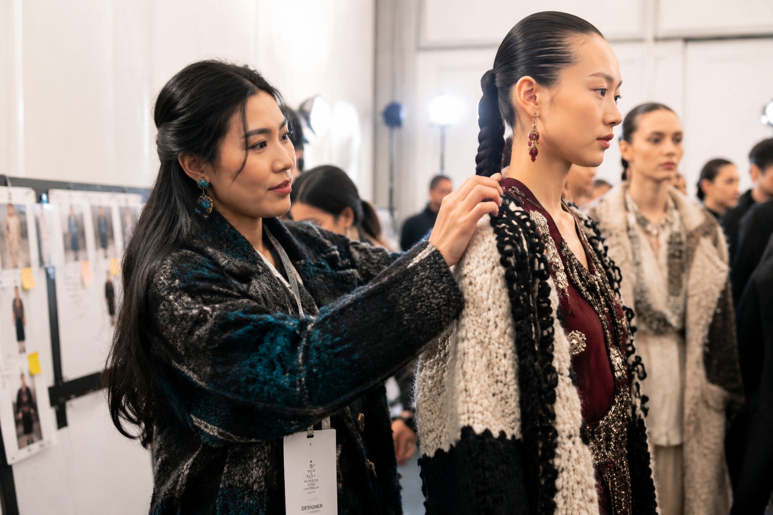 Tibetan fashion designer Yangchen Lhamo preparing a model backstage at Paris Fashion Week, wearing a handmade pulu wool coat