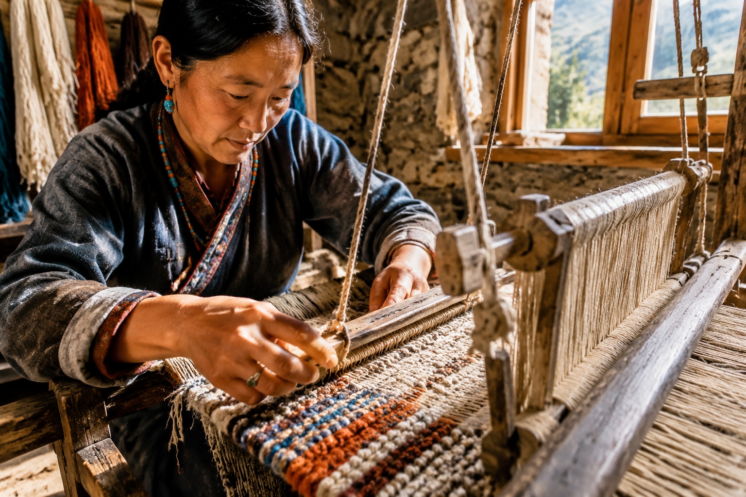 Close-up of a Tibetan weaver's hands crafting pulu wool fabric on a traditional wooden loom