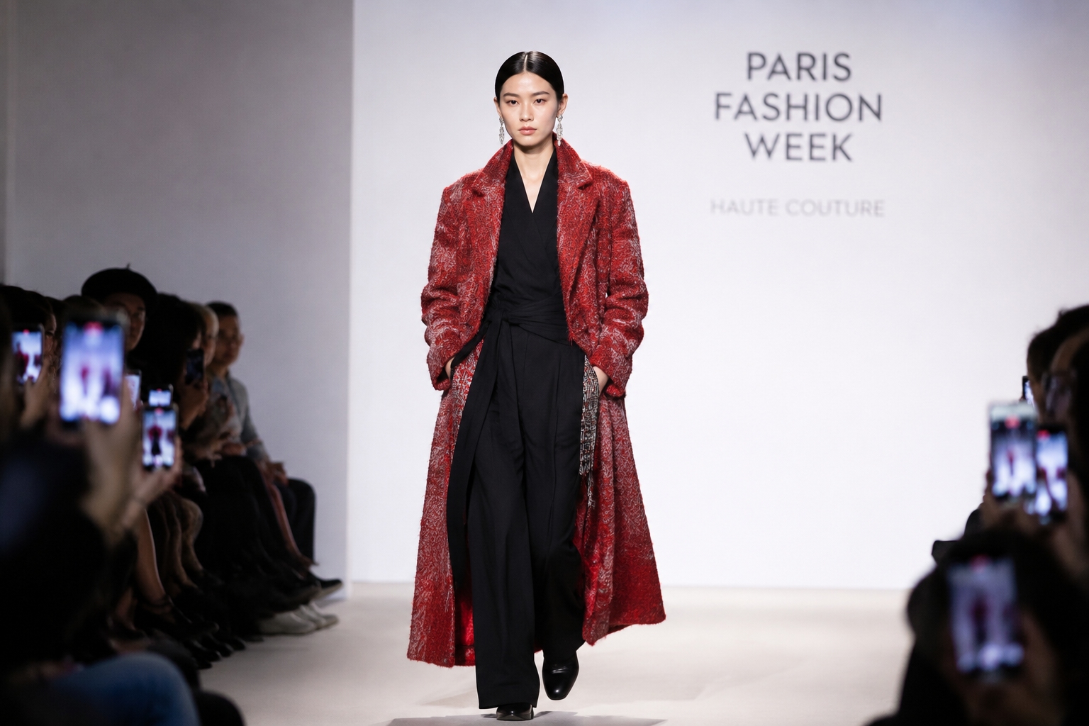 Model walking down the Paris Fashion Week runway wearing a modern coat made from Tibetan pulu fabric in deep crimson