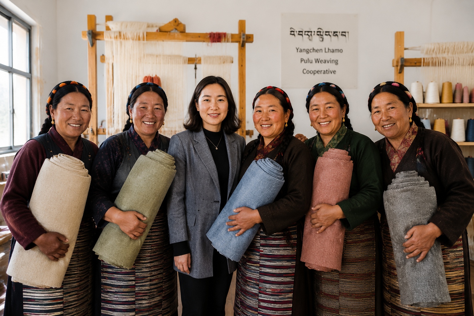 Tibetan weavers and designer Yangchen Lhamo together in a cooperative workshop, displaying finished pulu fabric rolls