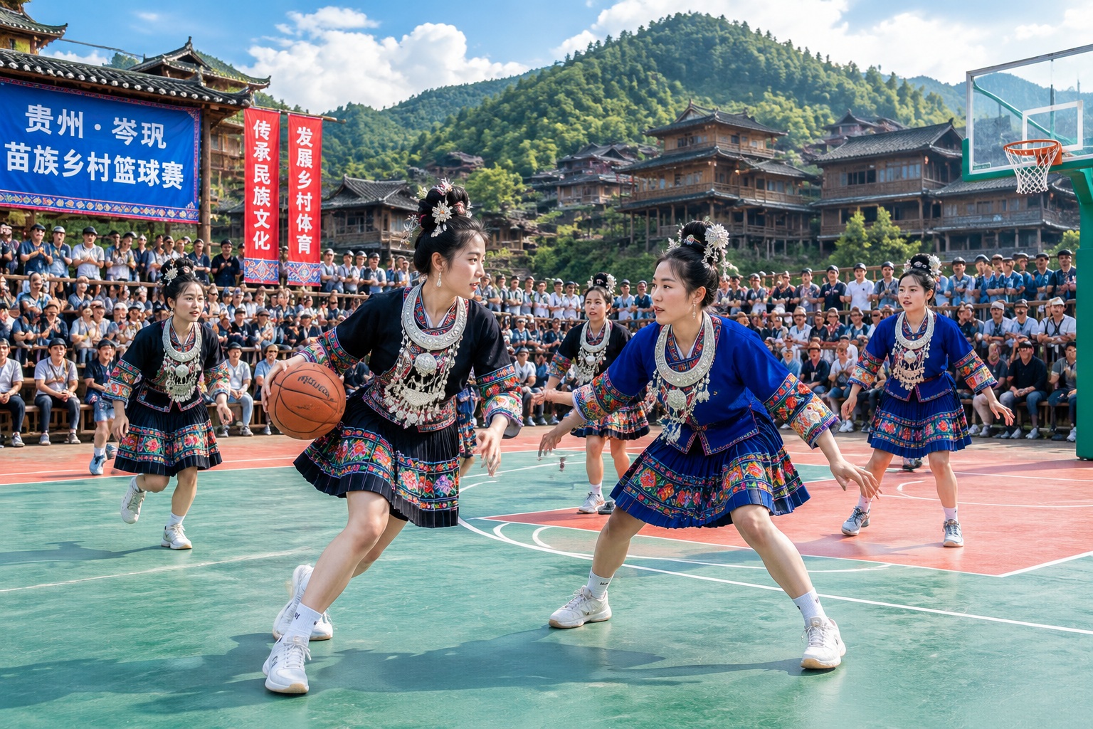 In a Miao Village, Guizhou: Girls Play Basketball in Pleated Skirts, Foreign Tourists Fill the Stands 19 In a Miao Village, Guizhou: Girls Play Basketball in Pleated Skirts, Foreign Tourists Fill the Stands