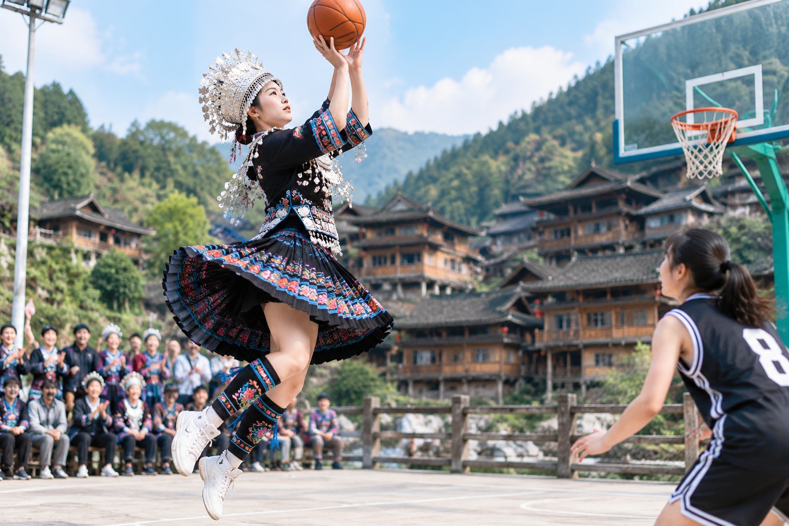 In a Miao Village, Guizhou: Girls Play Basketball in Pleated Skirts, Foreign Tourists Fill the Stands 22 Miao woman in traditional pleated skirt shooting a basketball on a village court in Guizhou