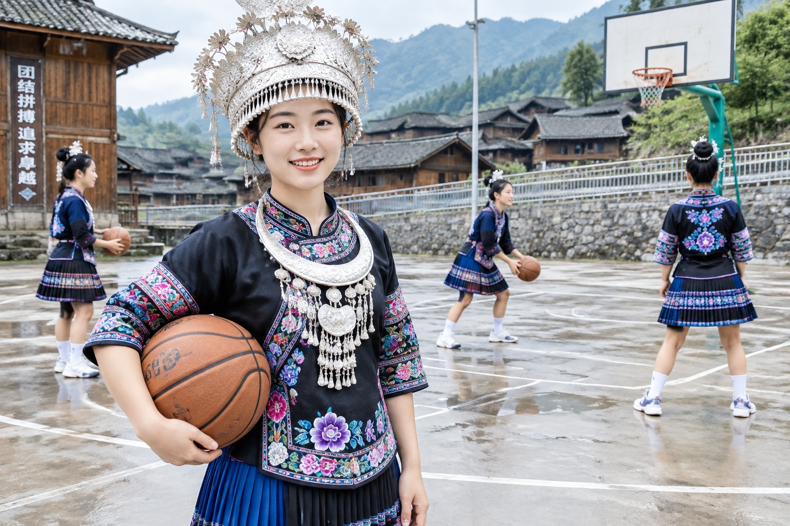 In a Miao Village, Guizhou: Girls Play Basketball in Pleated Skirts, Foreign Tourists Fill the Stands 23 Miao basketball player in silver headdress and embroidered blouse holding a basketball