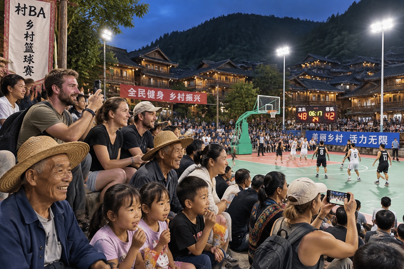 In a Miao Village, Guizhou: Girls Play Basketball in Pleated Skirts, Foreign Tourists Fill the Stands 24 Local villagers and foreign tourists share the stands at a Miao village basketball tournament