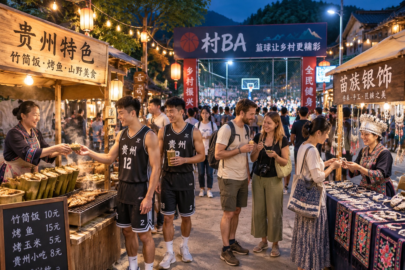In a Miao Village, Guizhou: Girls Play Basketball in Pleated Skirts, Foreign Tourists Fill the Stands 25 Night market and food stalls outside a village basketball court in Guizhou