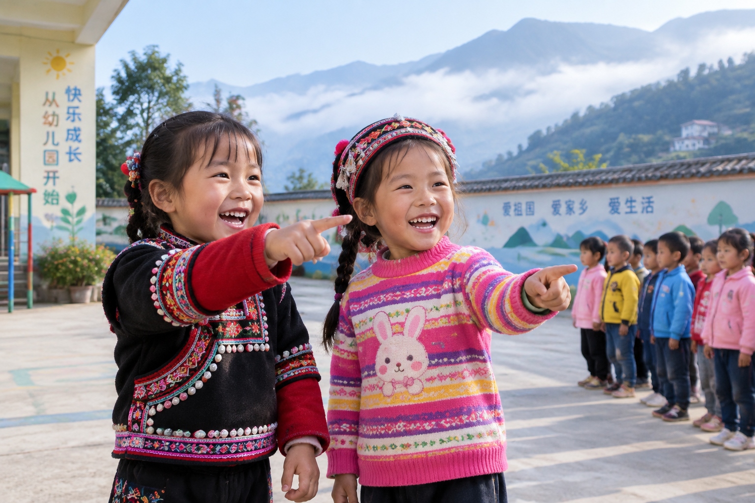 In Lvchun, Yunnan, Hani, Yi, and Dai Kids Share a Kindergarten, Singing Nursery Rhymes in Three Languages 22 Hani and Yi kindergarten children laughing together in the playground of Lvchun County Kindergarten in Yunnan, with mountains behind