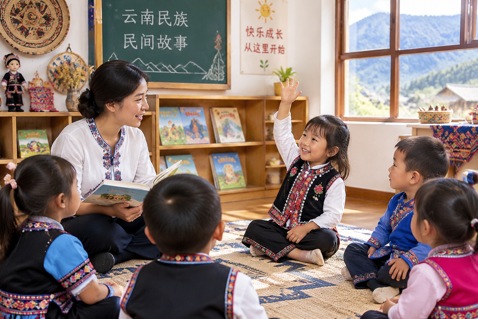 In Lvchun, Yunnan, Hani, Yi, and Dai Kids Share a Kindergarten, Singing Nursery Rhymes in Three Languages 23 Teacher and kindergarten children acting out a Hani folk tale in a multilingual classroom in Lvchun, Yunnan