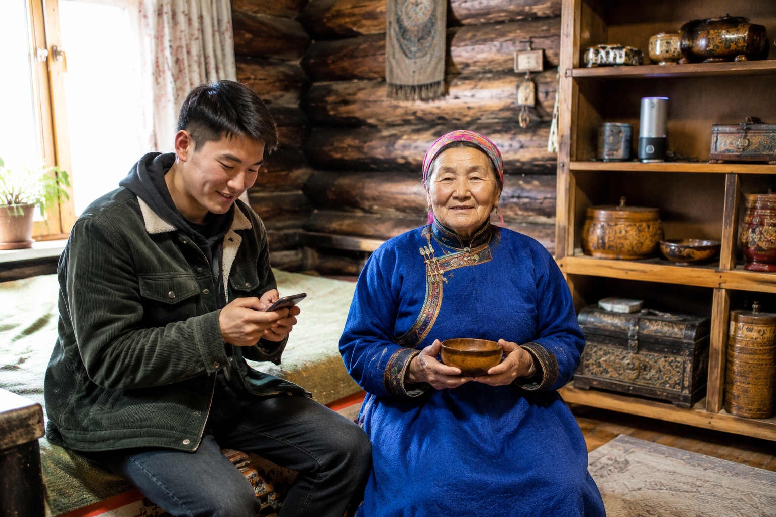 Tuvan family members in a traditional log cabin mixing old crafts and modern smartphones