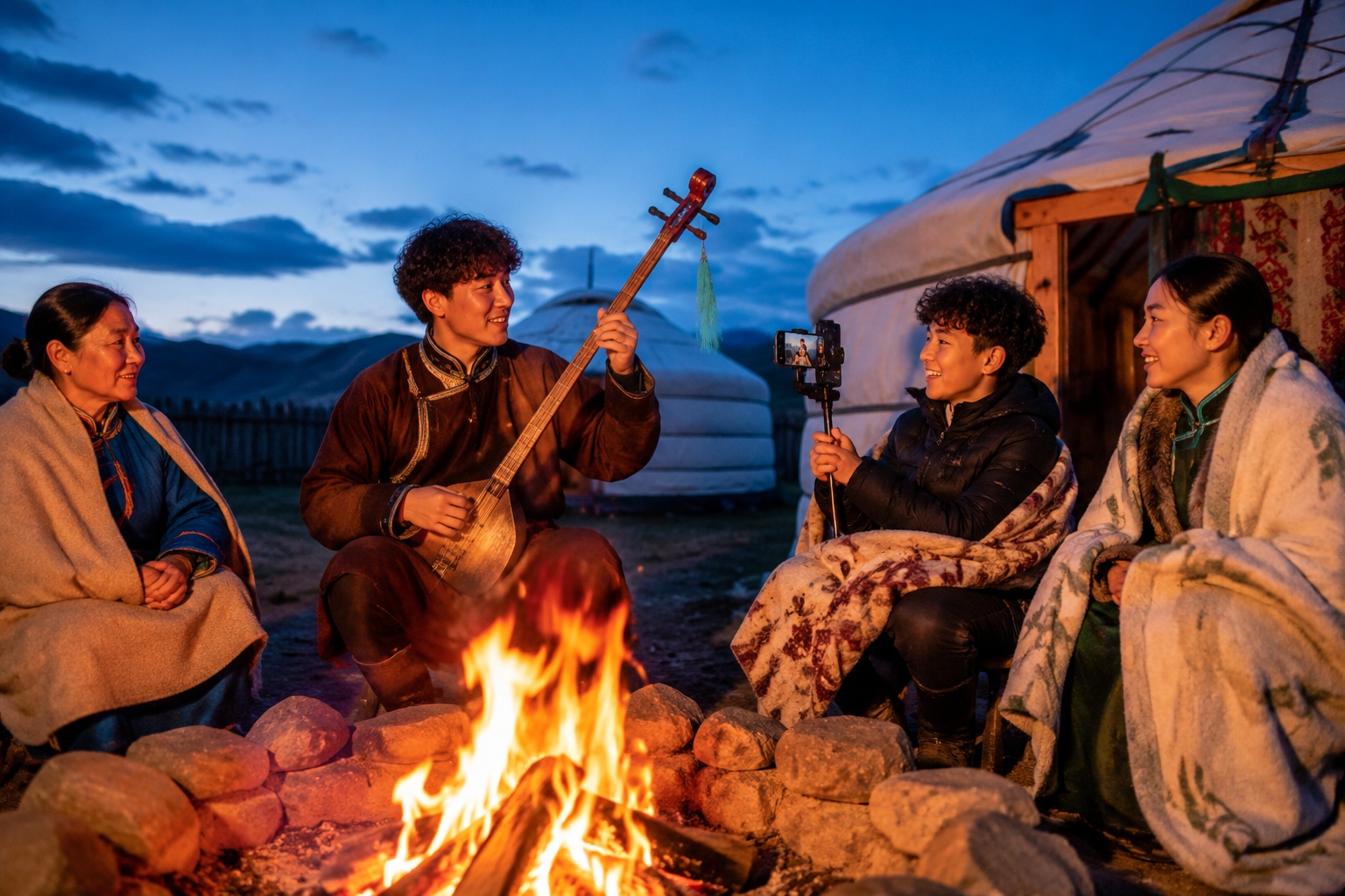 Tuvan music performance at a fire pit in the village at night, with a teenager recording with a phone
