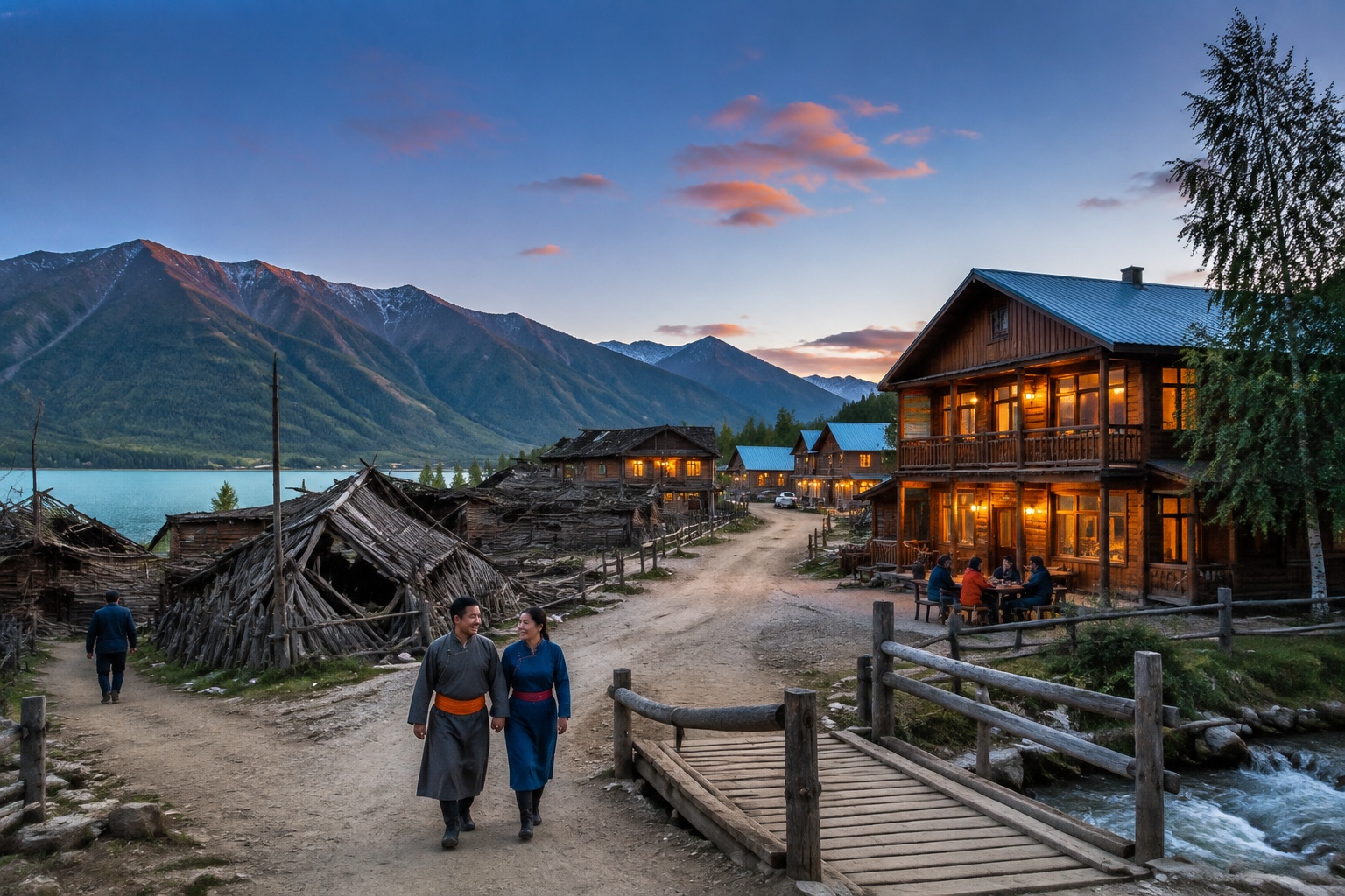 Dusk view of a Tuvan village with old and renovated cabins, Kanas Lake in the distance