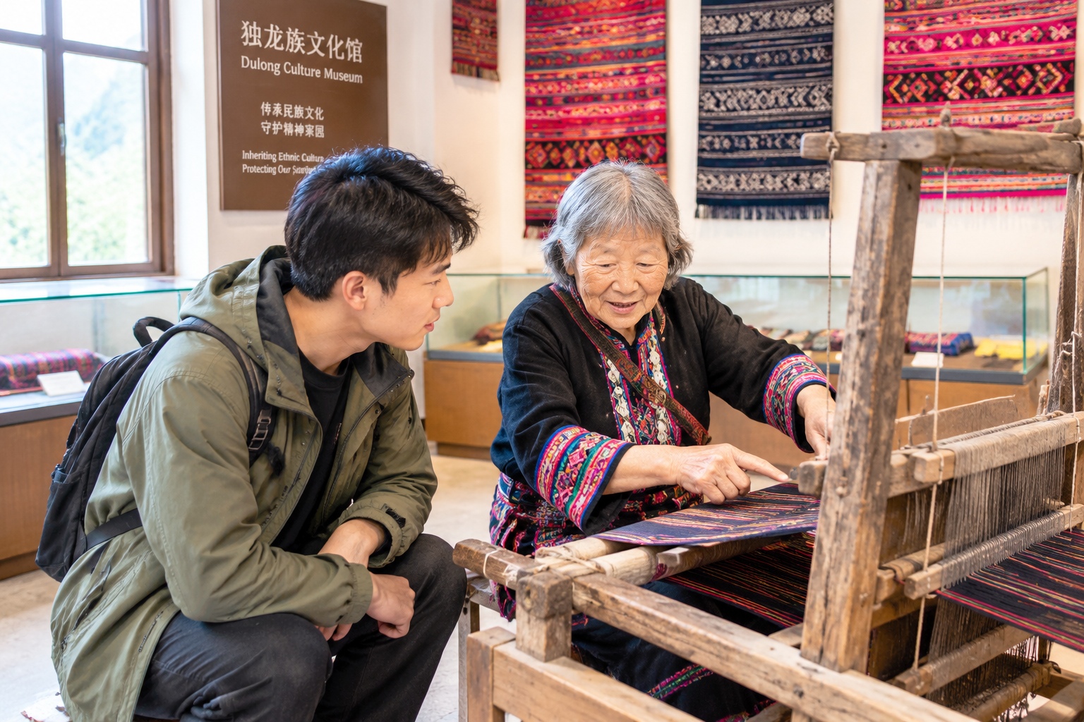 From the Dulong River to Beijing Campus: A Dulong Doctor's Return Home to Open the Village's First Museum 23 Elder and young man interacting in the Dulong Culture Museum