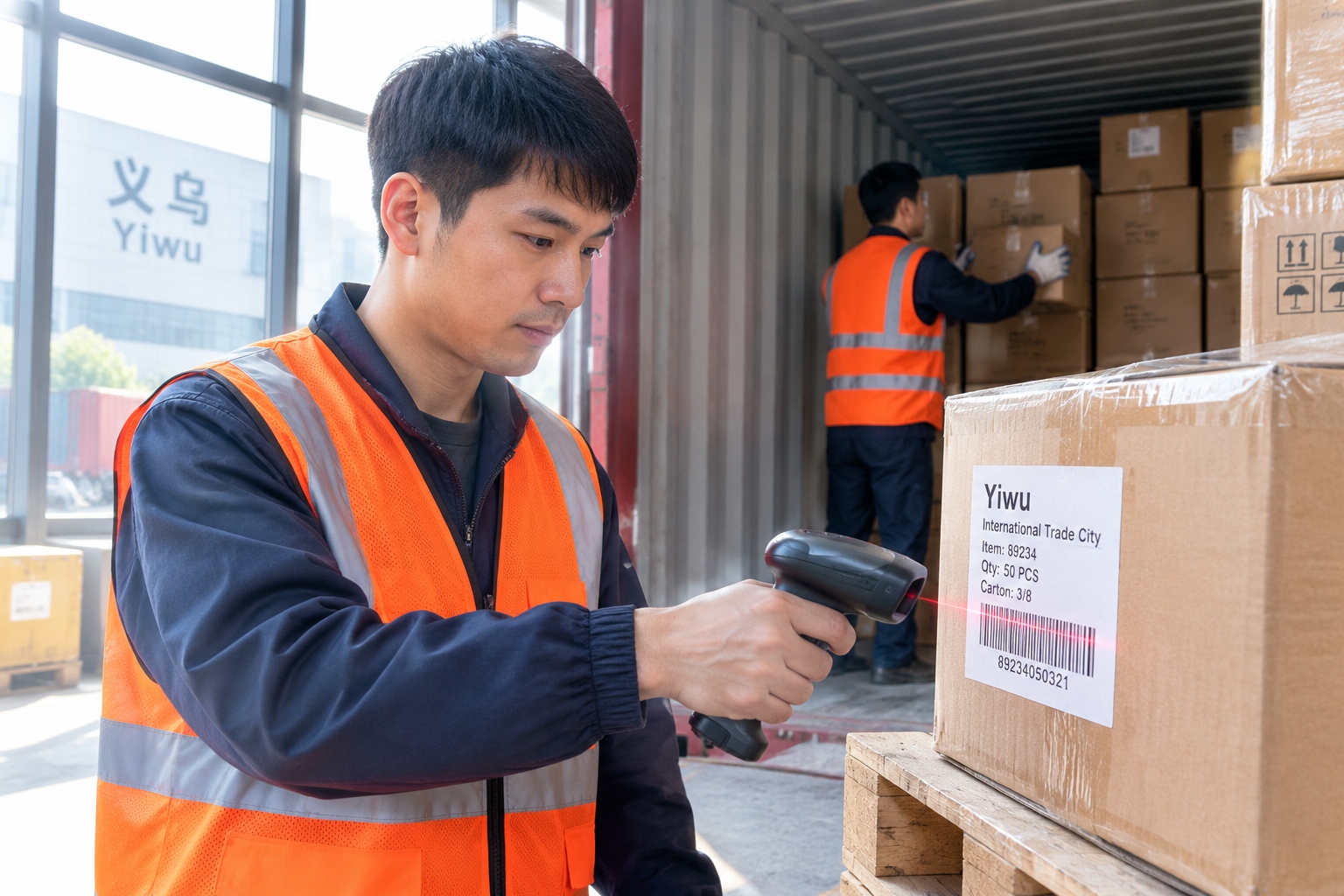 Worker scanning a carton in a Yiwu warehouse before loading it onto the China-Europe train.