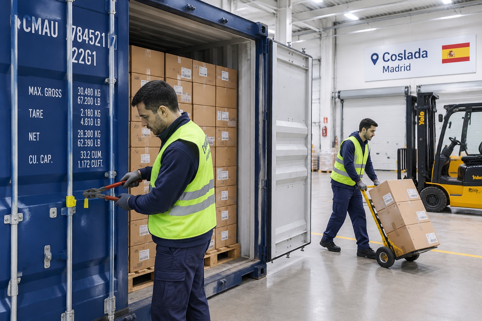 Workers opening a China-Europe train container in a Madrid warehouse after 26 days.