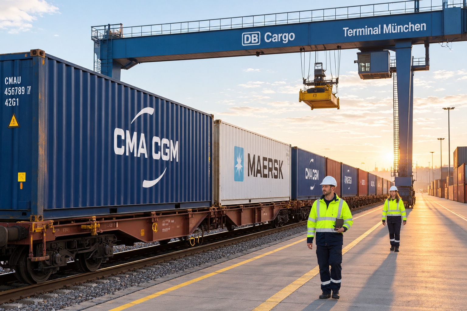 China-Europe freight train at the Hamburg port rail terminal waiting for container unloading.