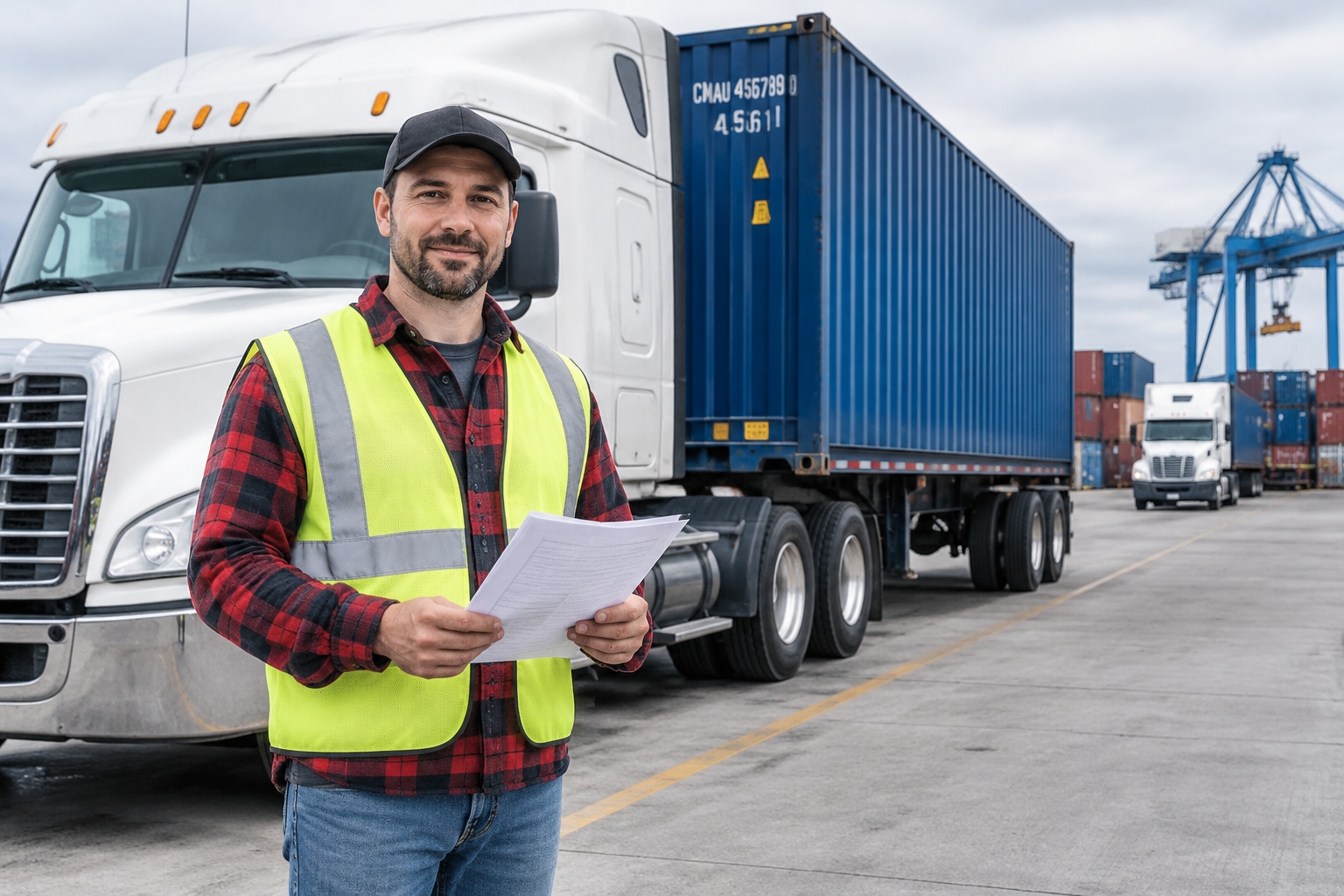 Truck driver at the Port of Hamburg reviewing delivery documents before transporting a container.