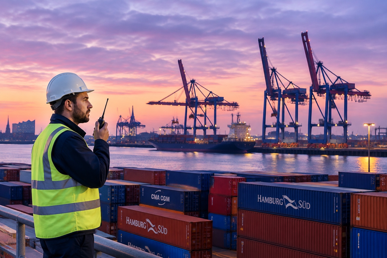 Gantry crane silhouettes at dusk at the Port of Hamburg's container yard.