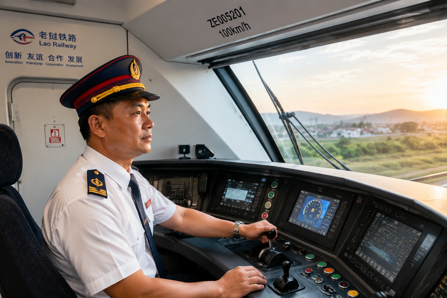 Lao railway driver Somchai operating the China-Laos train inside the cab, focusing on the tracks ahead