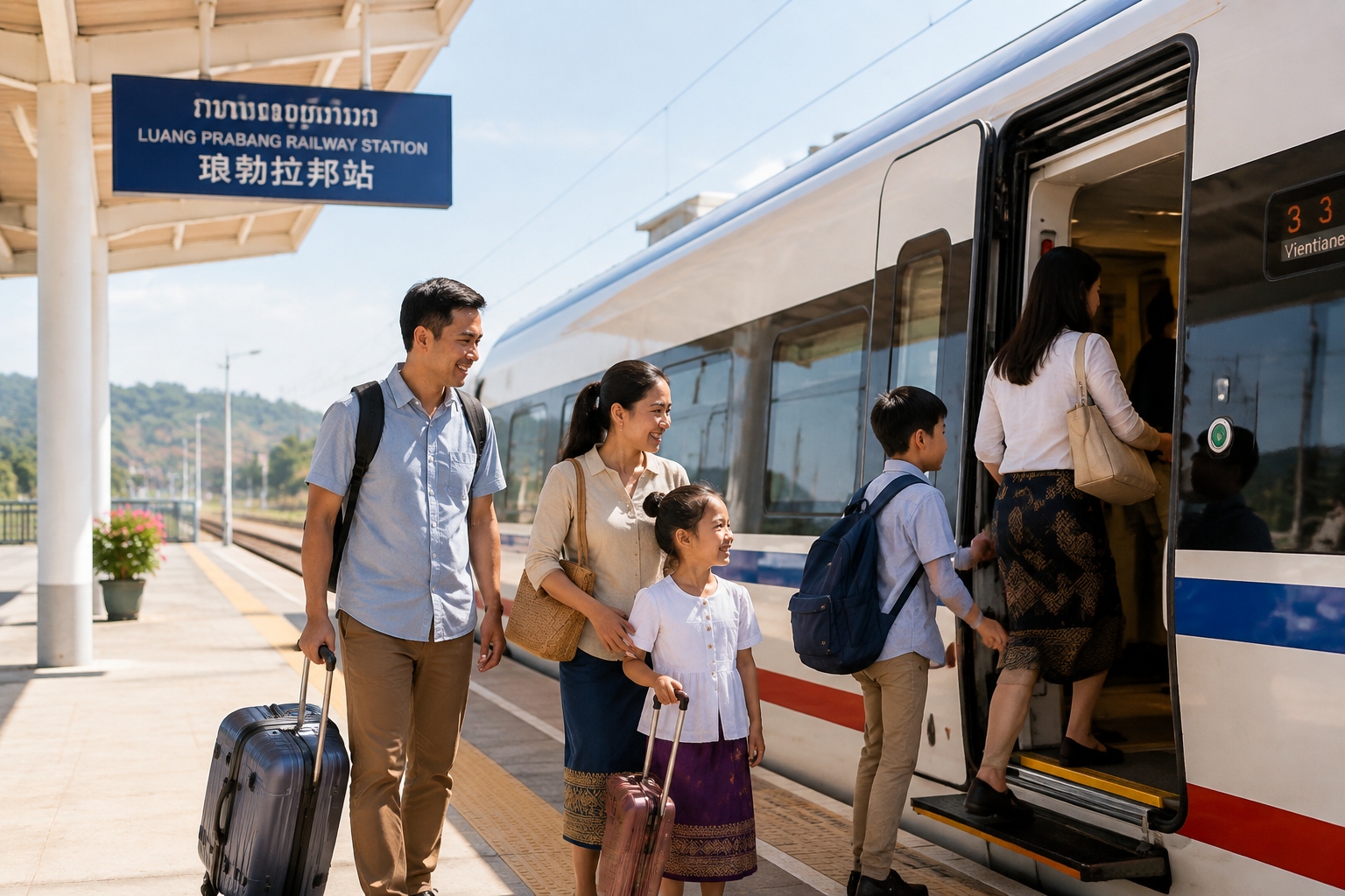 Lao passengers with luggage boarding the China-Laos train at a small station, smiling, everyday travel