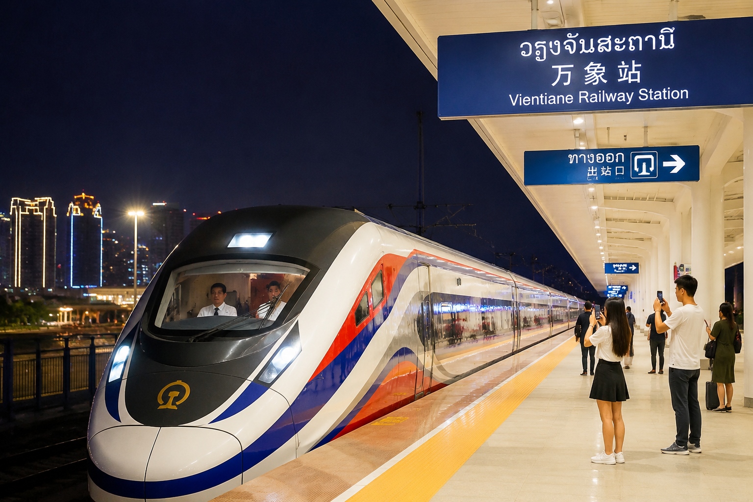 Night view of the China-Laos railway train arriving at Vientiane station, illuminated platform, city lights in the distance