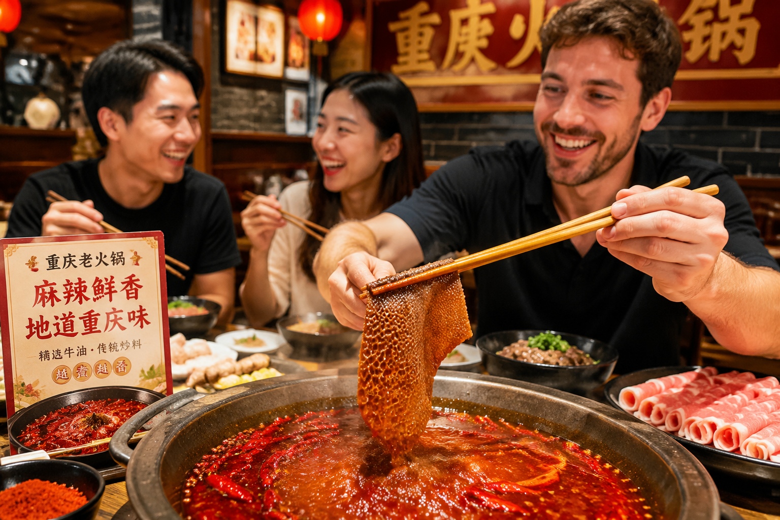 Close-up of a Chongqing hotpot with spicy red broth and beef tripe being picked up by chopsticks, a signature dish of Chongqing food culture.