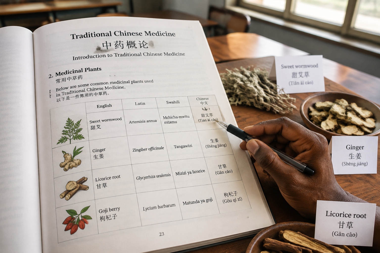 Open English TCM textbook with herbal plant illustrations and dried samples on a table in Kenya