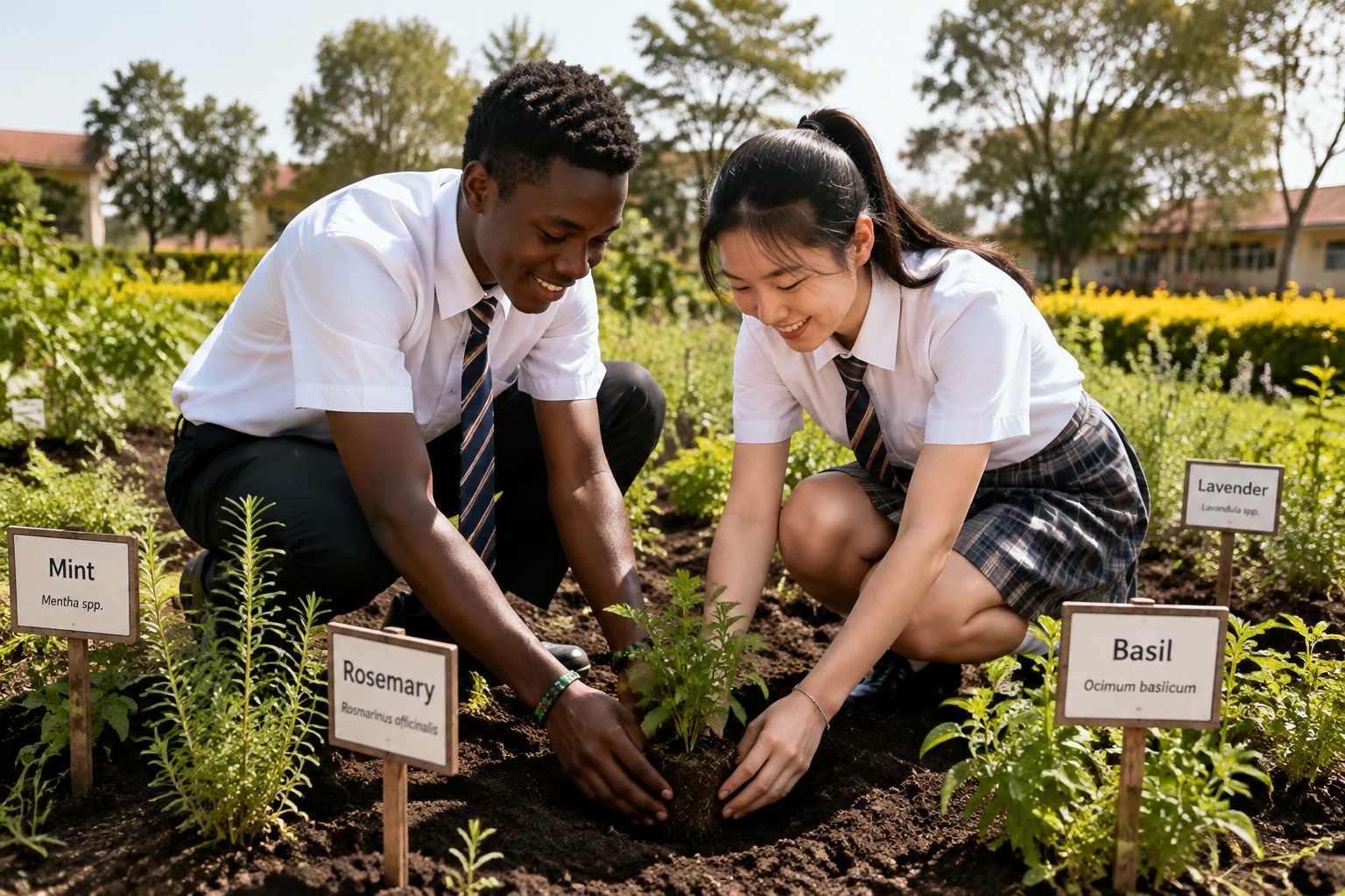 Kenyan and Chinese students planting herbs together at a TCM garden in Nairobi