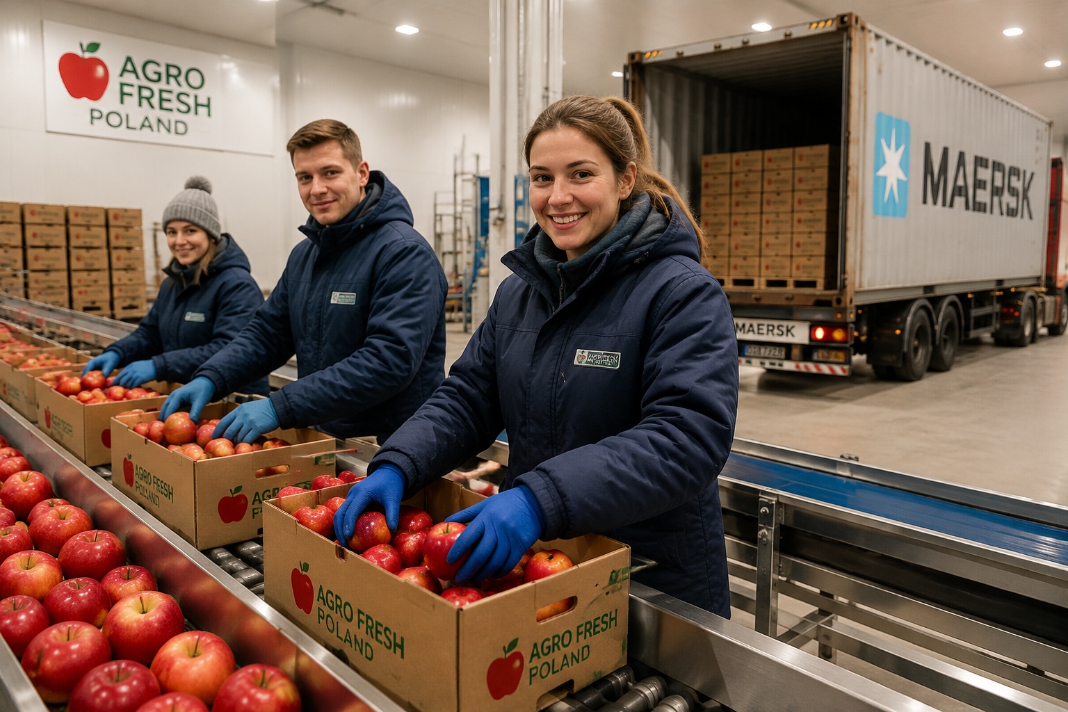 Workers packing Polish apples for export to China at a warehouse near Warsaw