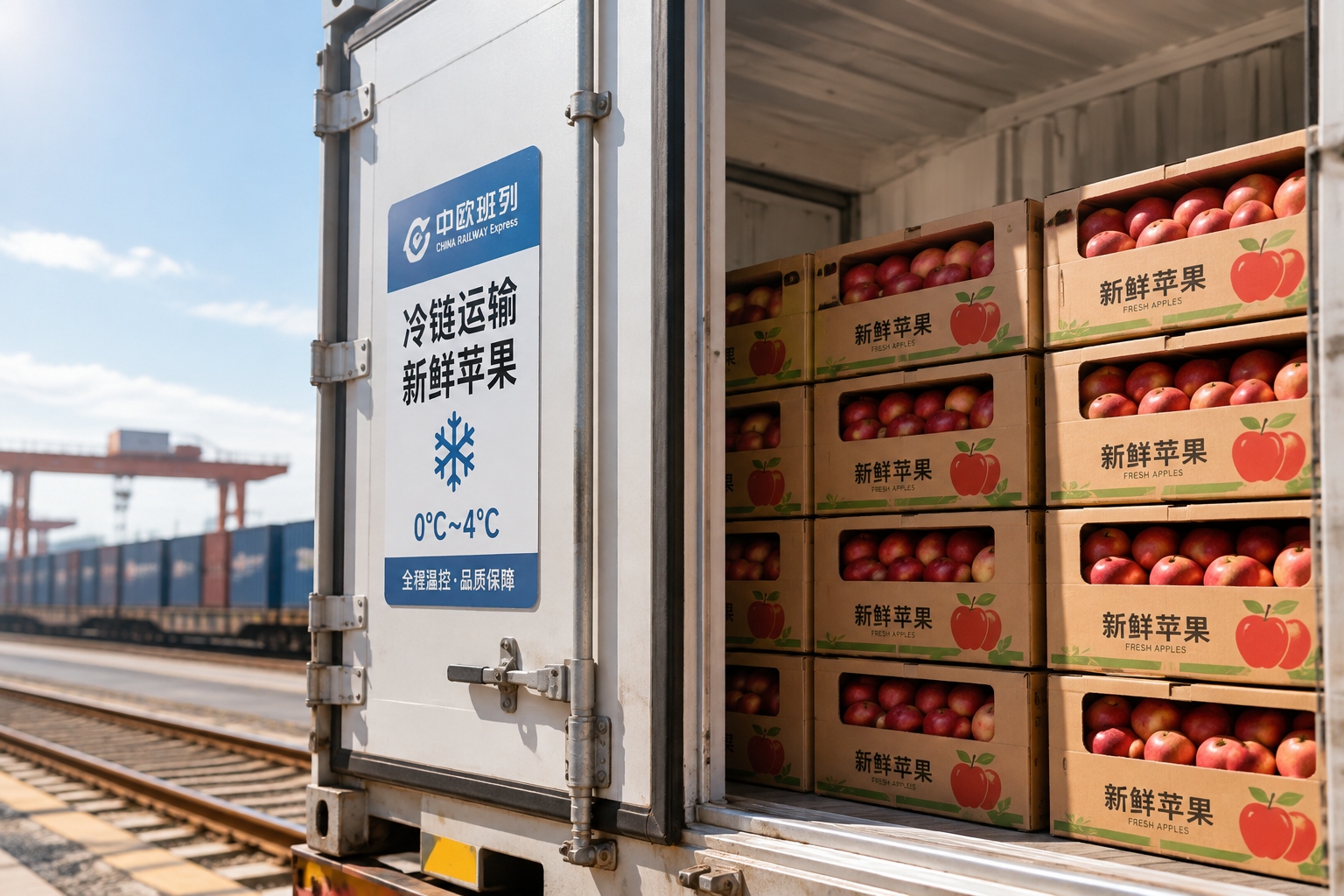 Refrigerated rail container loaded with boxes of apples for the China-Europe Railway Express