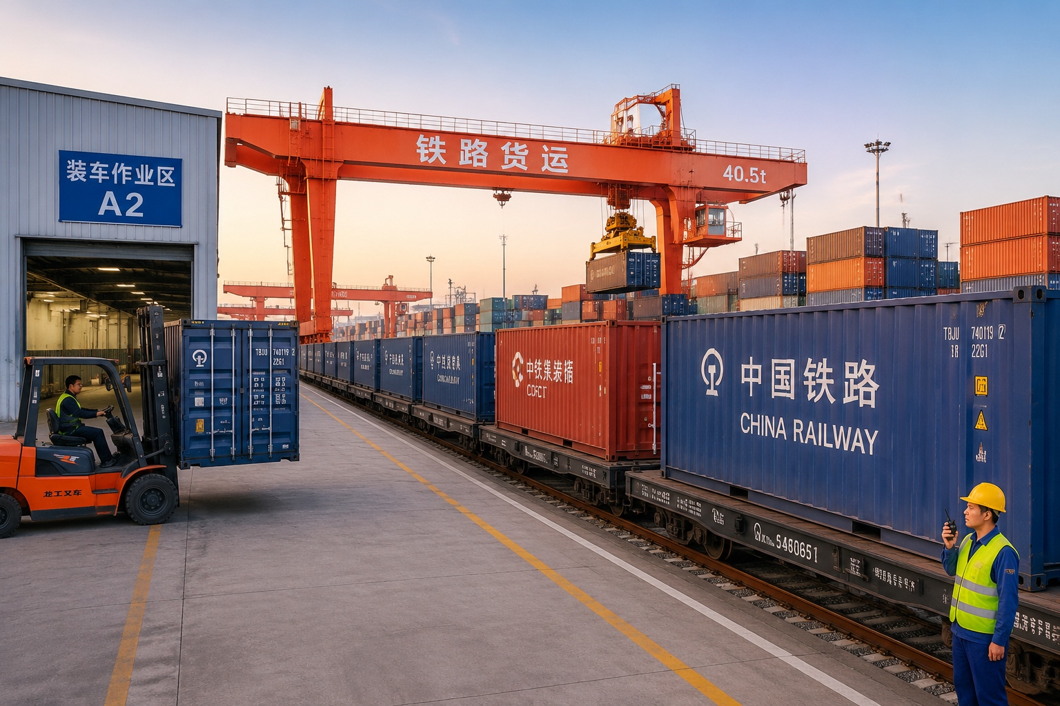 Loading China-made goods into containers for the westbound China-Europe Railway Express at a terminal in Chengdu