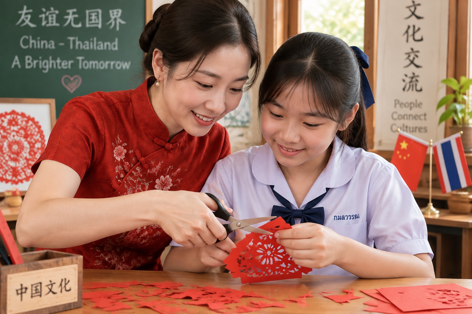 Chinese teacher guiding a Thai student's hand during a paper cutting activity in a Confucius Classroom