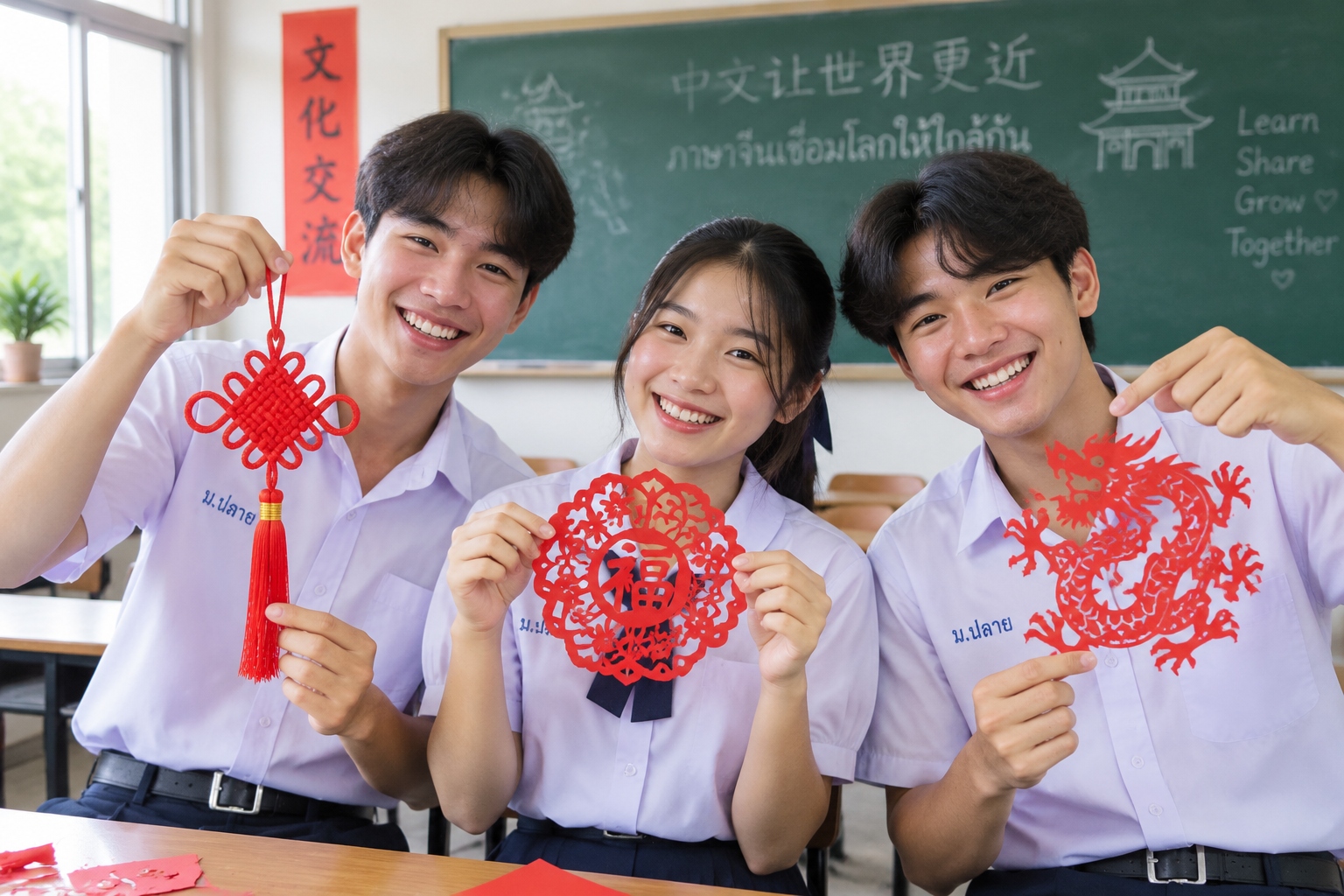 Thai students showing Chinese crafts made in a Confucius Classroom