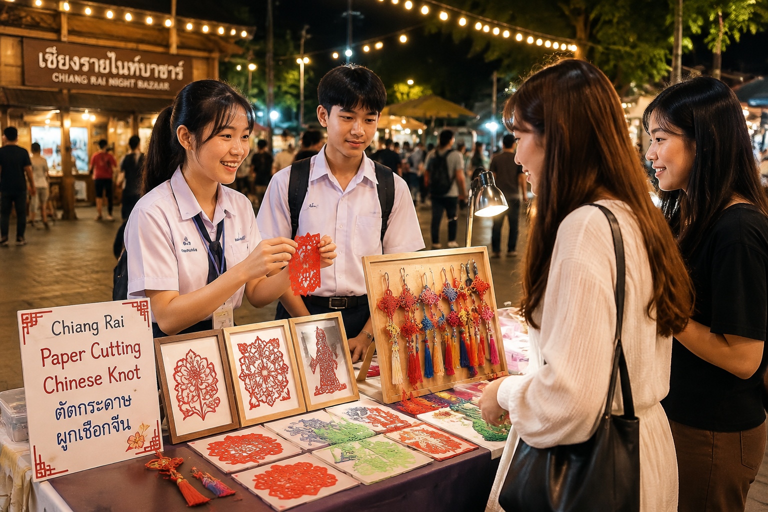 Thai students displaying their handmade Chinese crafts at a night market in Chiang Rai