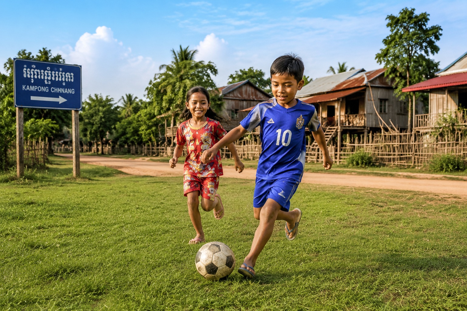 Cambodian children playing soccer on a Chinese-built field near rice paddies